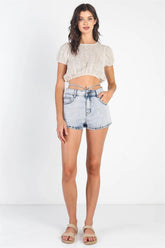 Cream Knit Balloon Sleeve Round Neck Crop Top